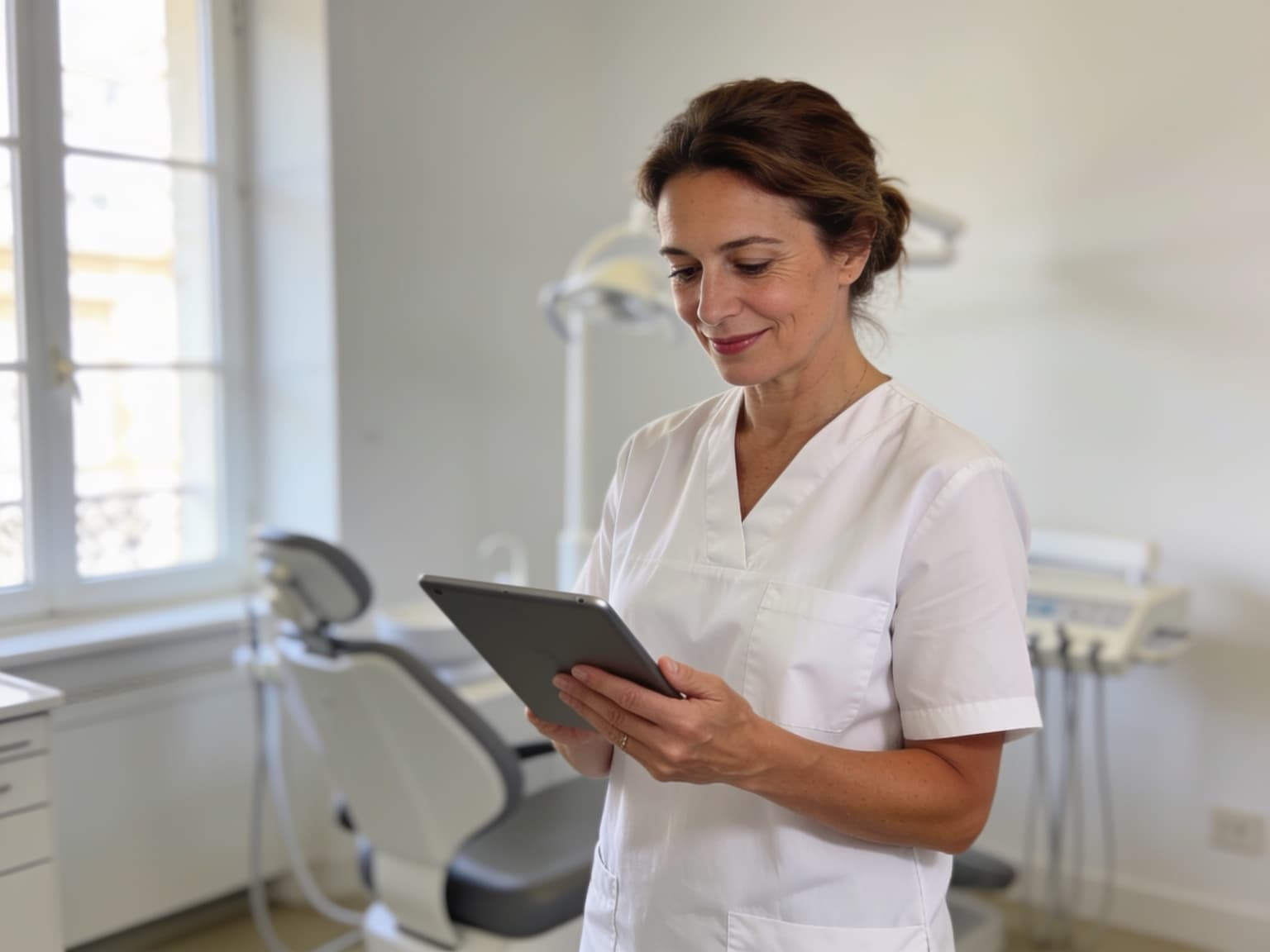 Chirurgien-dentiste et assistante dans un cabinet lumineux, soulagés du suivi du stock