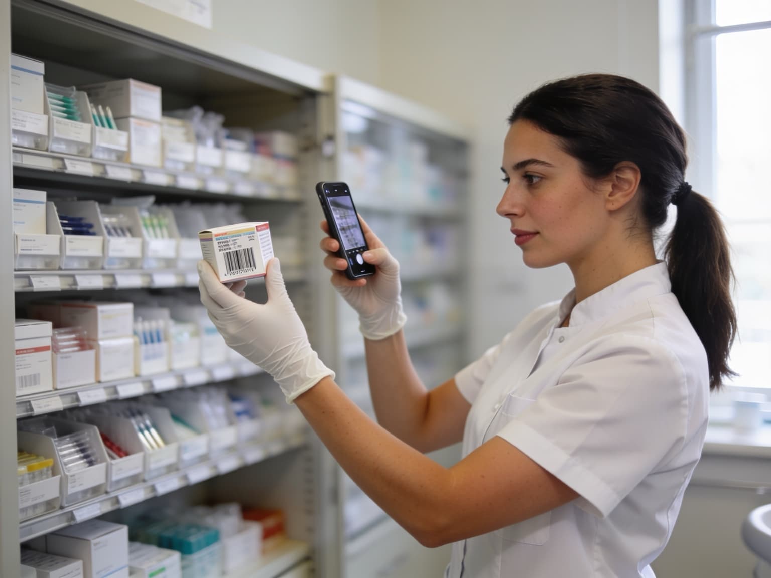 Assistante dentaire scannant un carton de consommables avec un téléphone